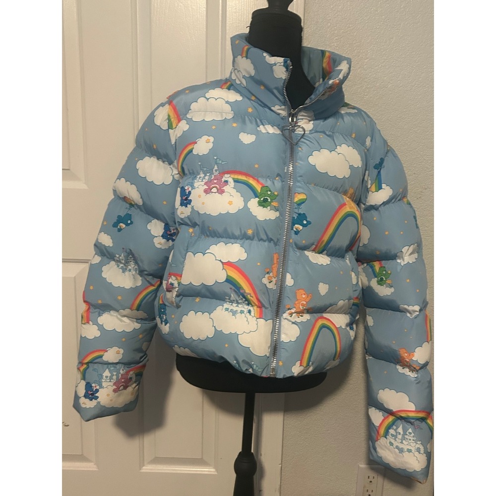 Dolls Kill x Care Bears Puffer Jacket Clouds Rainbow Hearts Blue Size L - Picture 9 of 10